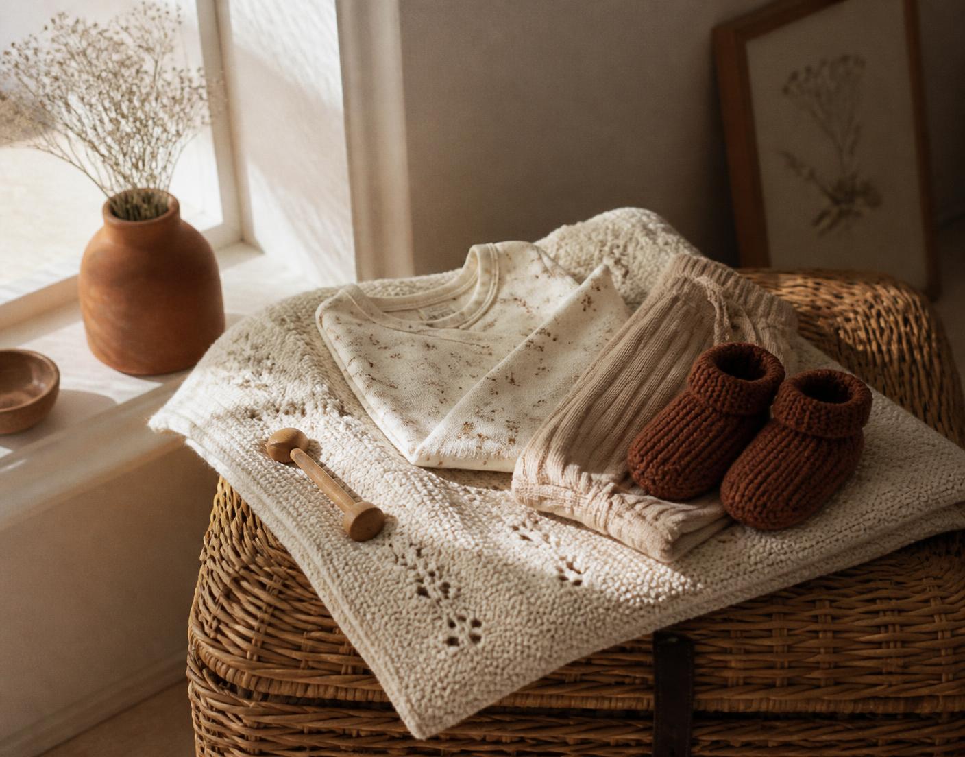 Linge de bébé plié sur un panier en osier près d'une fenêtre