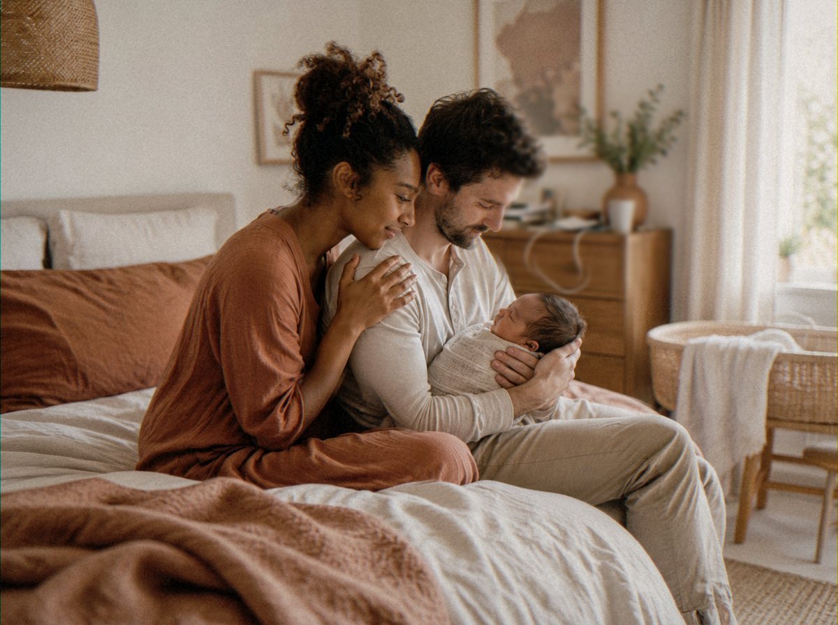 Deux parents réunis autour de leur nouveau-né dans une chambre aux tons chaleureux
