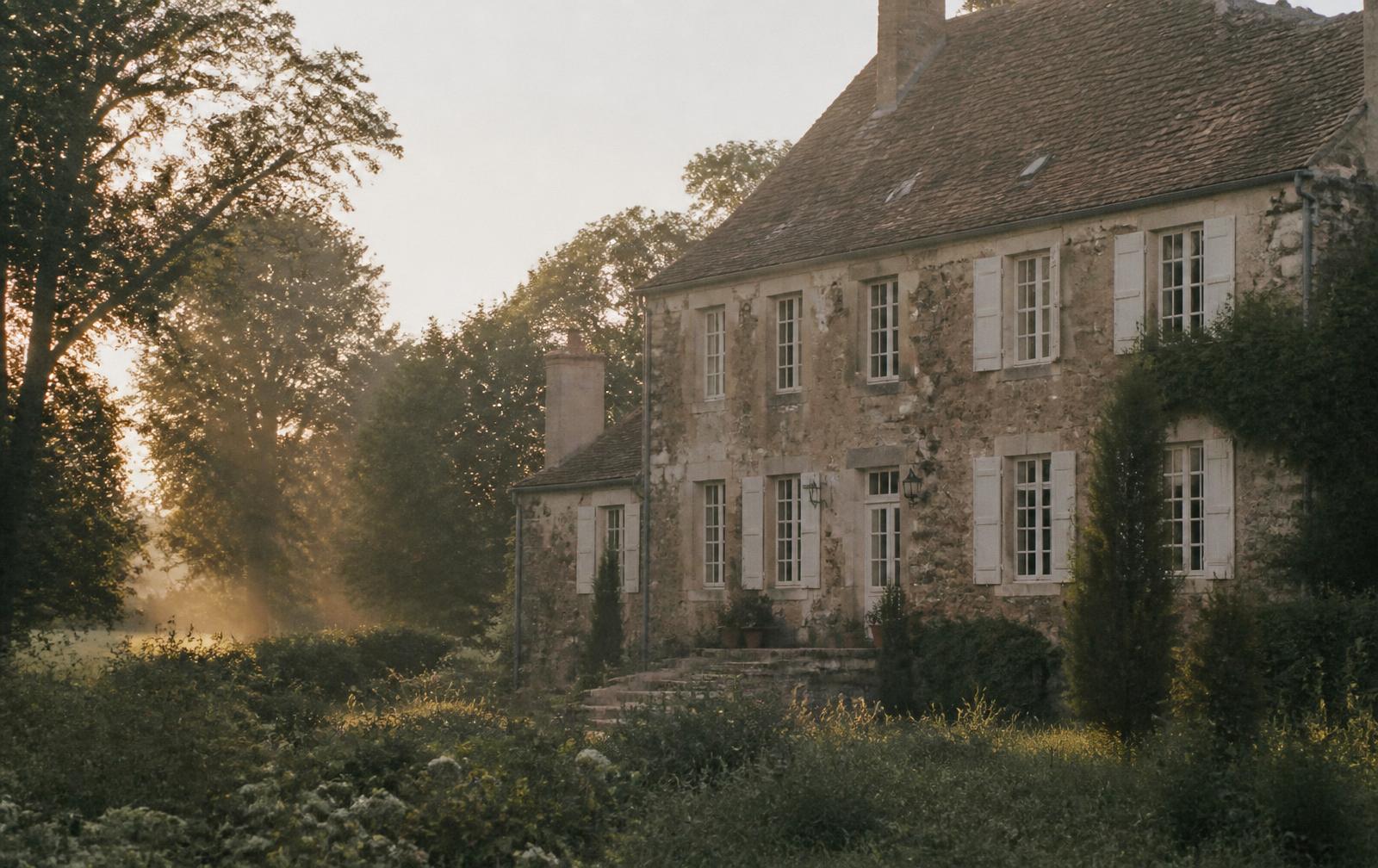 Maison de campagne française en pierre entourée d'un jardin, lumière de fin de journée
