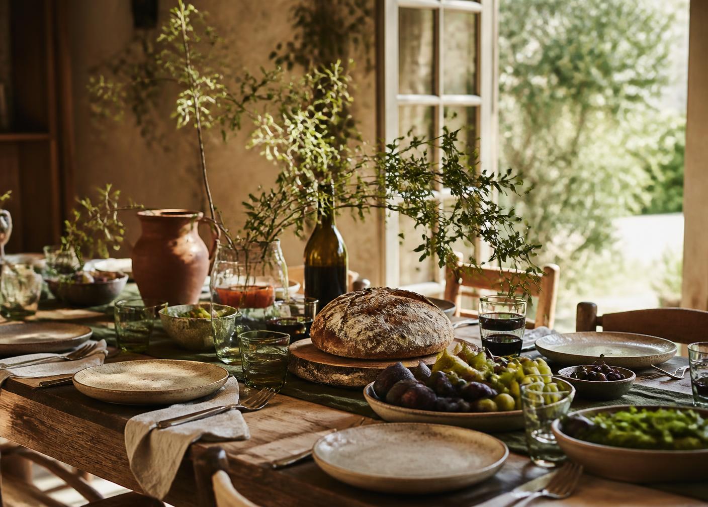 Table dressée avec vaisselle en céramique, pain et fruits près d'une fenêtre ouverte sur le jardin